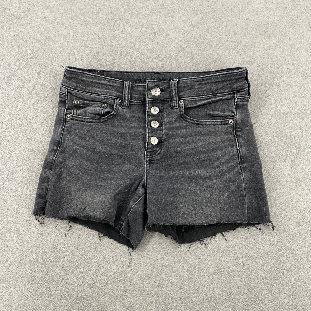 American Eagle Ne(x)t Level Stretch Black Button Fly Raw Hem Denim Shorts Size 4